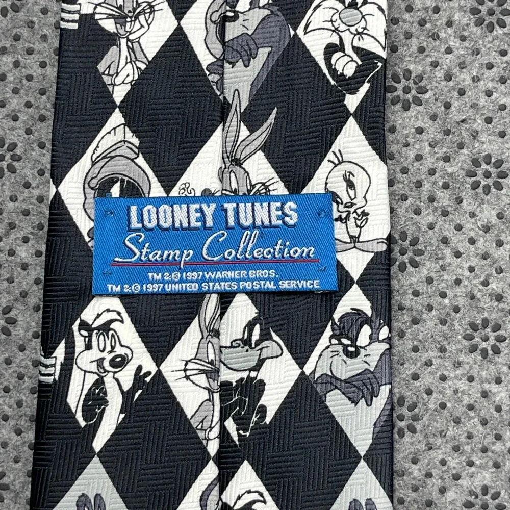 Vintage 1997 Looney Tunes Stamp Collection Tie Black White Diamond‎ Harlequin